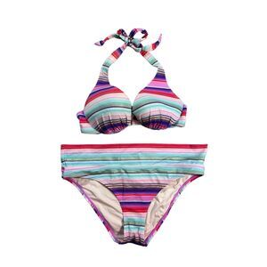 Victoria's Secret Y2K Matching Bikini Swim Set Pad Halter Top Multi Stripe 34C M